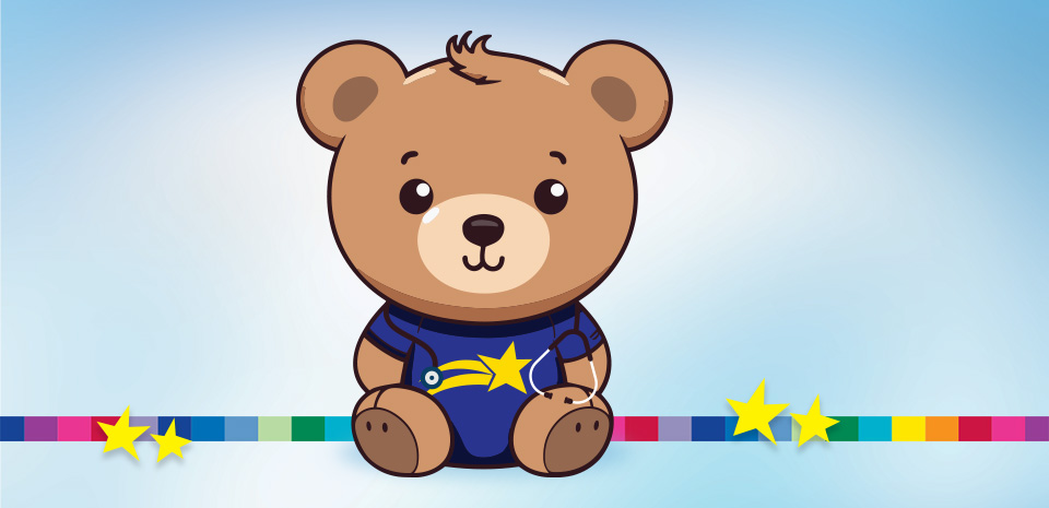 Illustration of a teddy bear wearing a stethoscope and a shirt with the gold star from the Children's Medical Center logo.