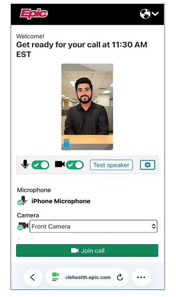 Screen shot of a myChart video visits character after testing their camera and microphone.