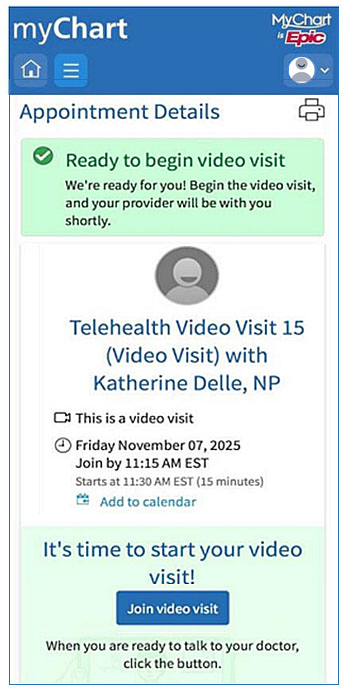 A mobile screen shot of the myChart Appointment Details during the preCheck-in process.