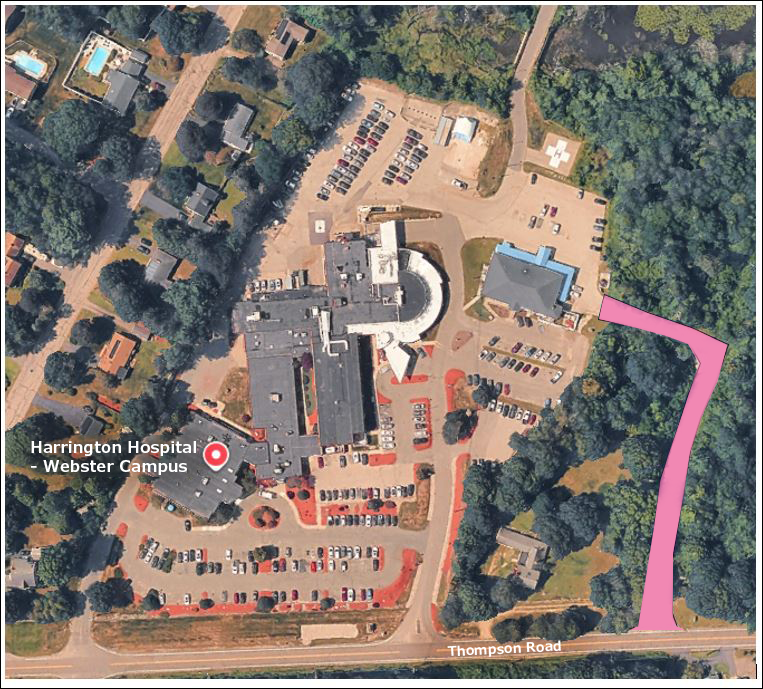 A satellite image of Harrington Hospital's Webster Campus shows the current phase of the paving renovation.  It is the access road between Thompson Road and the northern parking area of the hospital.