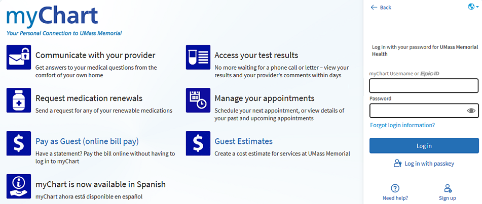 The myChart login screen has the username and password fields on the right.