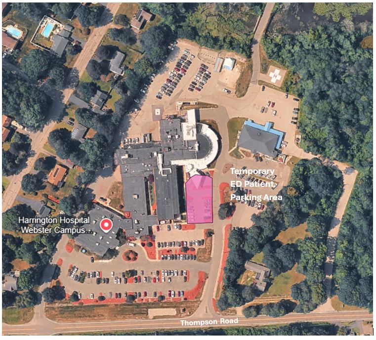 A Google Map image of the affected area at the Webster Campus. The Temporary ED Patient Parking Area is highlighted in pink on the right. 