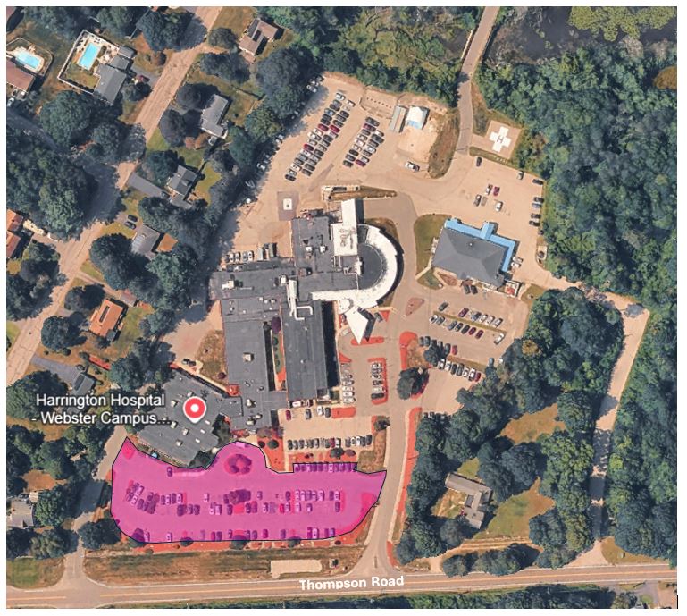 A top down map of the Webster campus. An area highlighted in pink shows the temporary construction area.