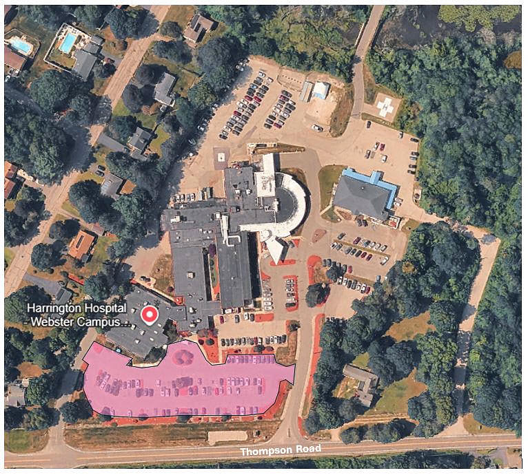A satellite image of Harrington Hospital's Webster Campus shows the current phase of the paving renovation highlighted in pink. 