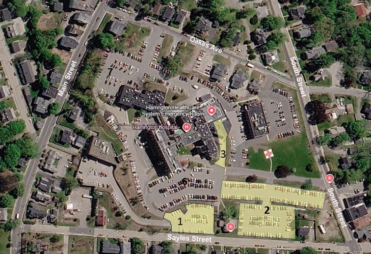 A top-down map of Harrington Hospital's Southbridge campus marking what lots are impacted by paving.