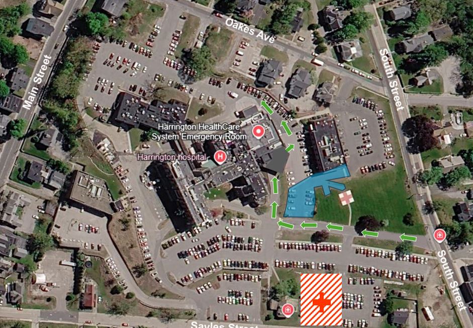 A top-down map of Harrington Hospital's Southbridge campus marking what lots are impacted by paving.
