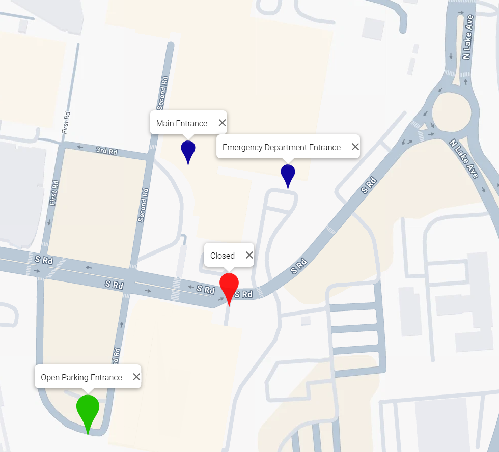 An top-down map of the UMass Memorial Medical Center University Campus with the open and closed entrances.