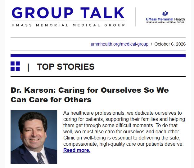 A screenshot of the Group Talk newsletter, featuring Dr. Karson.