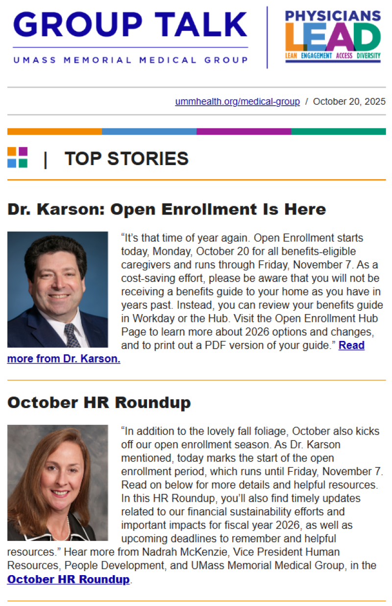 An image detailing the two stories in this issue of Group Talk, one featuring Dr. Karson on open enrollment, and one featuring Nadrah McKenzie of Human Resources on HR news.