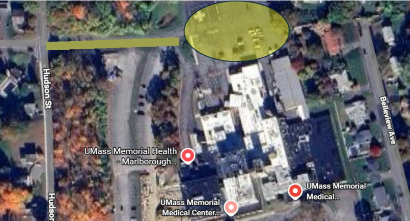 A Google map of the impacted area for the Marlborough Campus construction. The Hudson Street driveway onto campus is highlighted yellow.