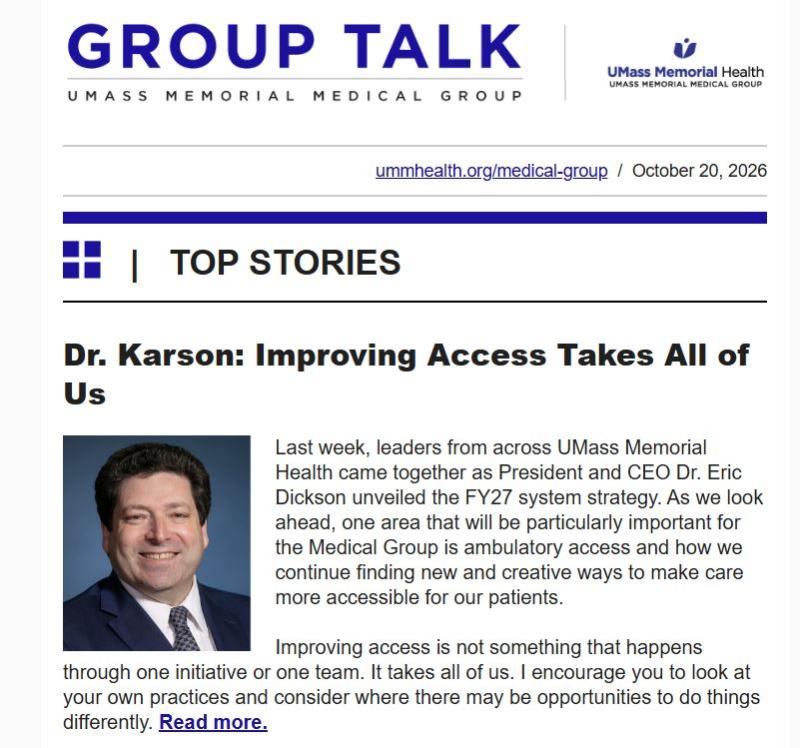 Group Talk, image of Dr. Karson and a blurb of text from an article