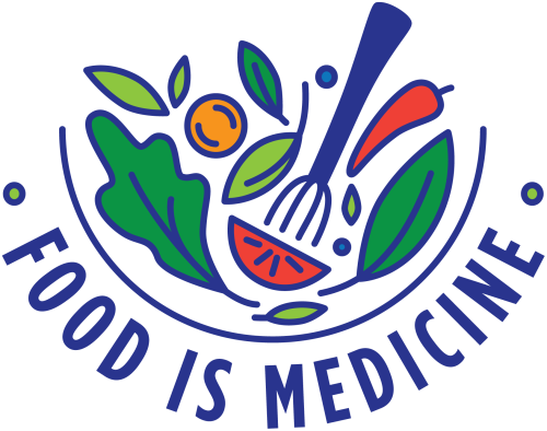 A logo that reads "Food is Medicine." The words are wrapped around a drawn bowl of salad.