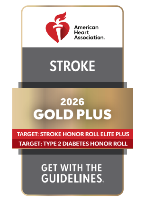 A logo of the 2026 Gold Plus Stroke award from the American Heart Association. 
