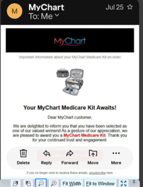 An image showing what the fake mychart email looks like. The scam email beings with "Your MyChart Medicare Kit Awaits"