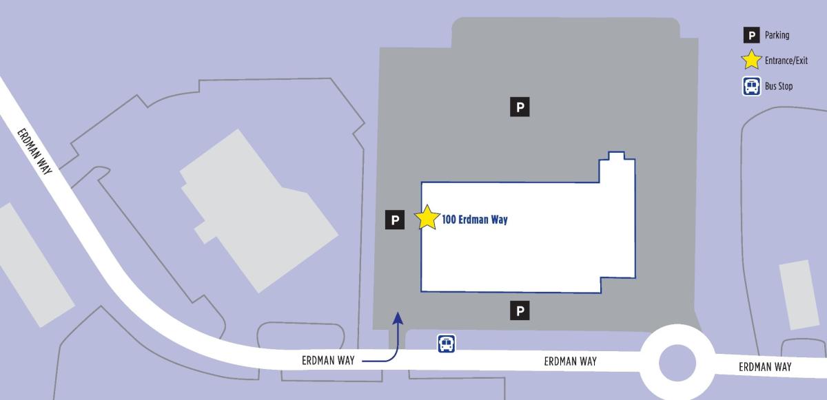 A map showing the location and parking lot for 100 Erdman Way.