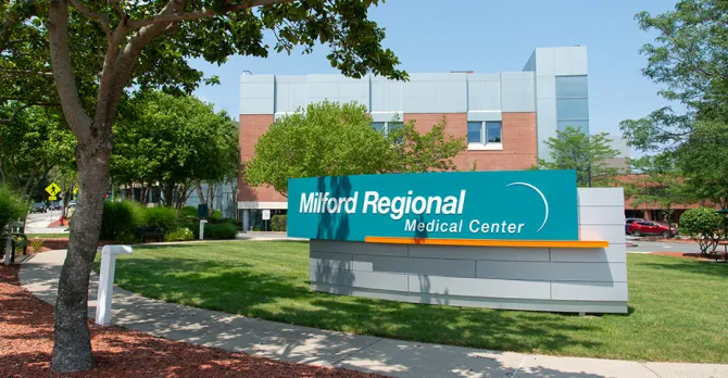 Milford Regional's campus on a beautiful, sunny day.
