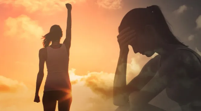 2 versions of a woman: One stands with arms raised in front of a vibrant sunset. The other is semi transparent of her silhouette, sitting down, head in hand.