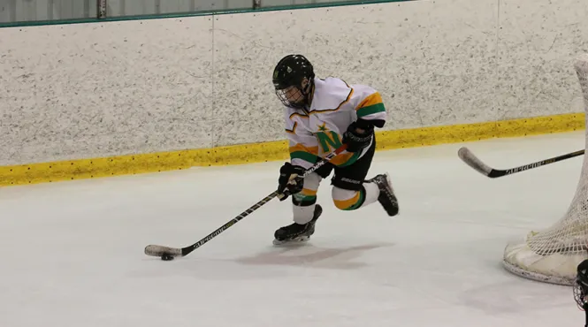 young boy playing hockey, skating with the hockey puck