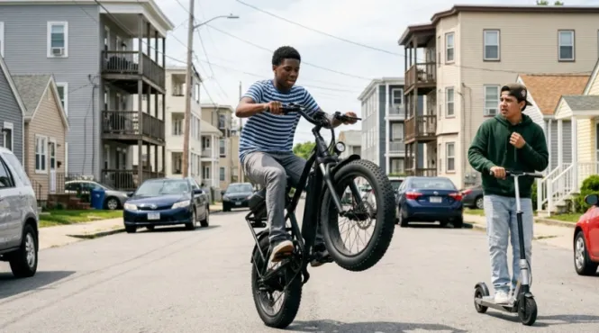 teen on e-bike without helmet popping wheelies needing a lesson about e-bike safety