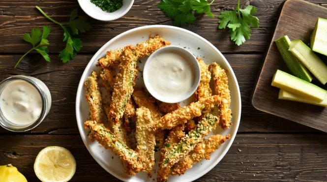 plate of zucchini fries with sauce on the side