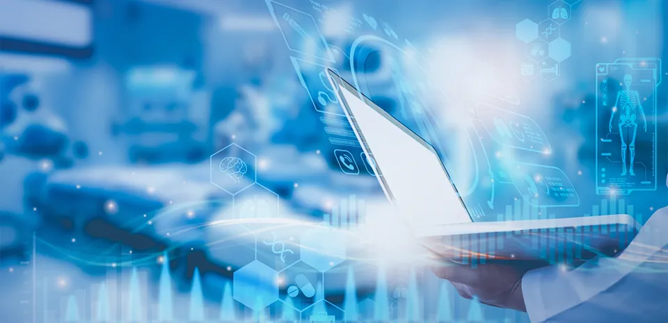 Abstract image of a provider on a laptop with medical imagery like x-rays floating around the laptop