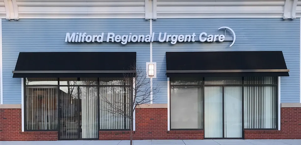 An exterior photo of the Milford Regional Urgent Care location in Hopkinton, Massachusetts