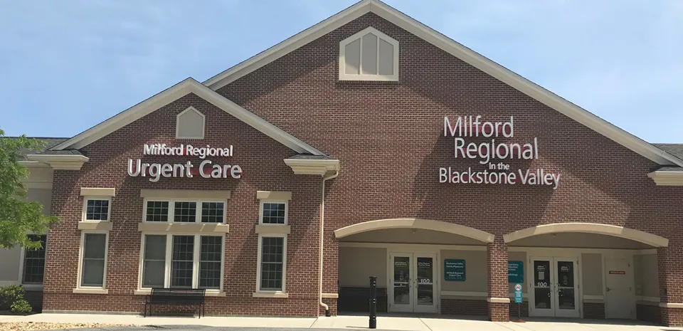 An exterior photo of the Milford Regional Urgent Care location in Northbridge, Massachusetts