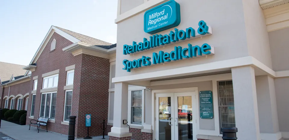 The exterior of the Rehabilitation and Sports Medicine building in Northbridge, Massachusetts.