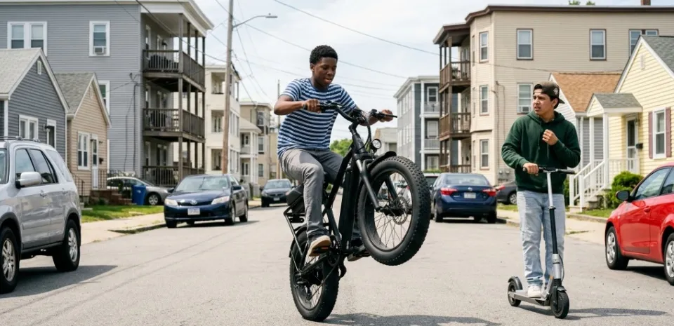 teen on e-bike without helmet popping wheelies needing a lesson about e-bike safety
