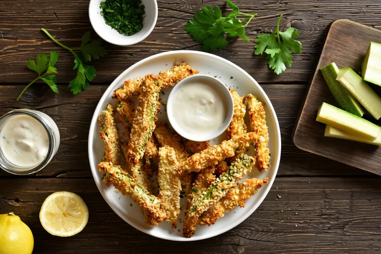 plate of zucchini fries with sauce on the side