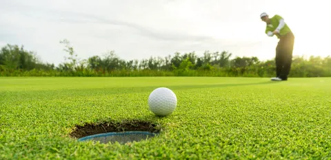 A golfer holds his form on the green as his putt approaches the hole in the foreground..