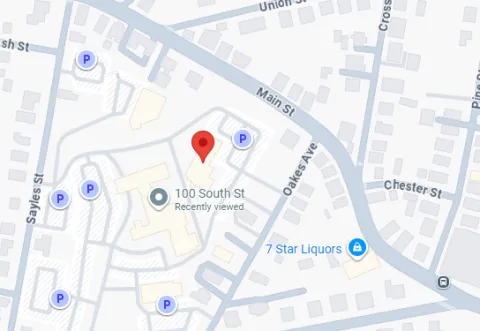 A map showing the location of 100 South Street.