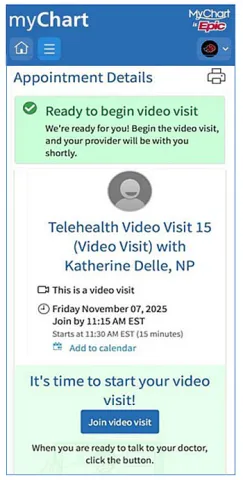 A mobile screen shot of the myChart Appointment Details during the preCheck-in process.