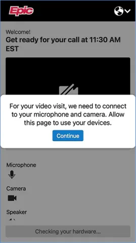 Mobile screen shot of the video visit feature asking for permissions to use your device's microphone and camera.
