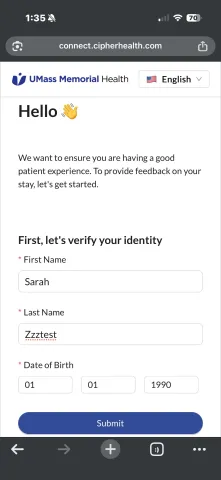 A phone screenshot of a survey from UMass Memorial Health asking for identity verification.