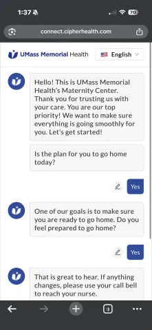 A phone screenshot of a survey from UMass Memorial Health. The image shows an automated chat asking the patients questions about returning home.