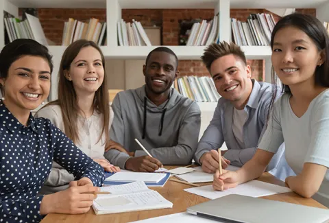 Group of diverse smiling student interns sitting at a desk with a laptop and notepads