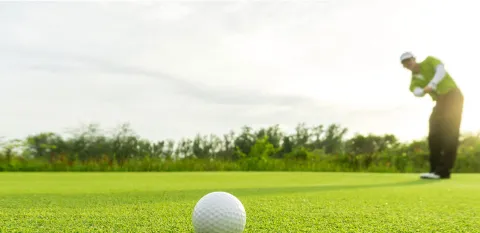 A golf ball sits on the green while a golfer watches from further away.