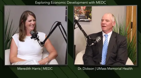 A split-screen of a podcast. On the right is Meredith Harris and on the right is Dr. Eric Dickson.