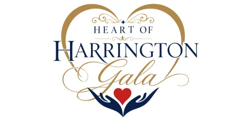 Logo with the text “Heart of Harrington Gala,” a gold heart, decorative swirls, and two hands holding a red heart at the bottom.