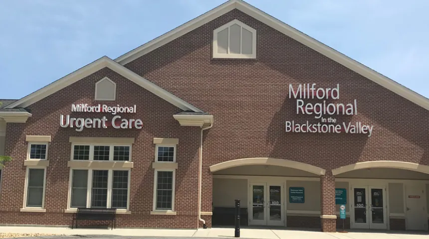 An exterior photo of the Milford Regional Urgent Care location in Northbridge, Massachusetts