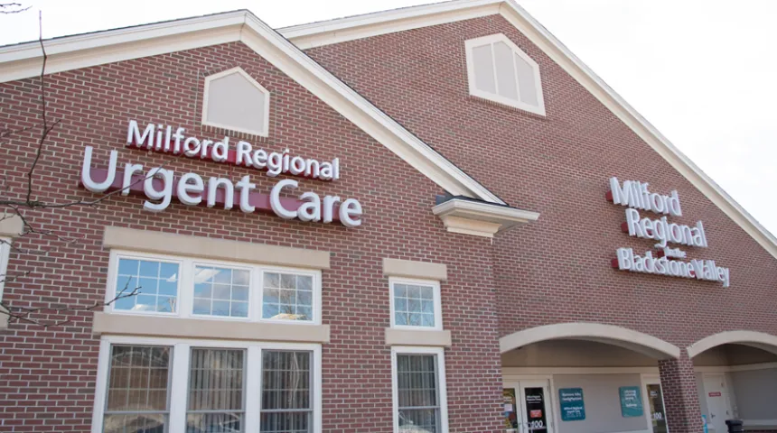 The exterior of the Milford Regional in the Blackstone Valley building in Northbridge, Massachusetts.