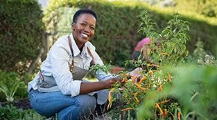 A woman gardens in a squatted position while maintaining a posture to protect her spine.