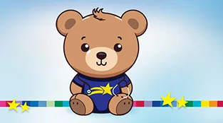 Illustration of a teddy bear wearing a stethoscope and a shirt with the gold star from the Children's Medical Center logo.