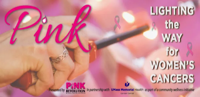An image of a hand holding a lit lighter. The image reads "Pink: Lighting the Way for Women's Cancers"