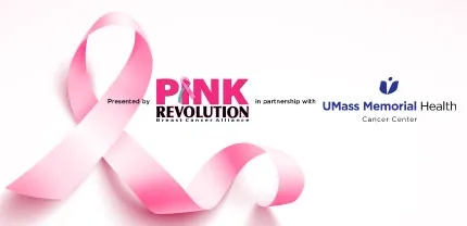A pink ribbon next to the PINK Revolution logo and the UMass Memorial Health Cancer Center logo
