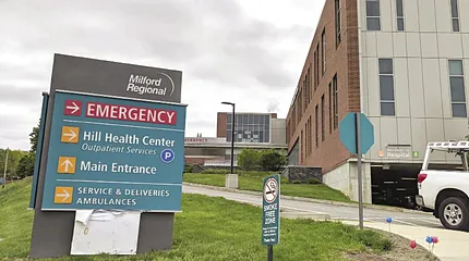 Milford Regional Medical Center's campus signage directing to the Emergency Department.