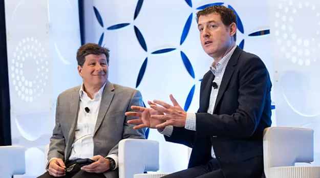 UMass Memorial Health's Dr. Eric Alper (left) and Stanford Healthcare's Dr. Michael Pfeffer speaking at the HIMSS AI in Healthcare Forum.