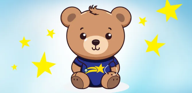Illustration of a teddy bear wearing a stethoscope and a shirt with the gold star from the Children's Medical Center logo.
