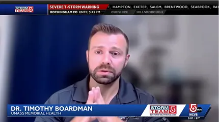 Dr. Timothy Boardman, Emergency Medicine, speaks to WCVB using videoconferencing.